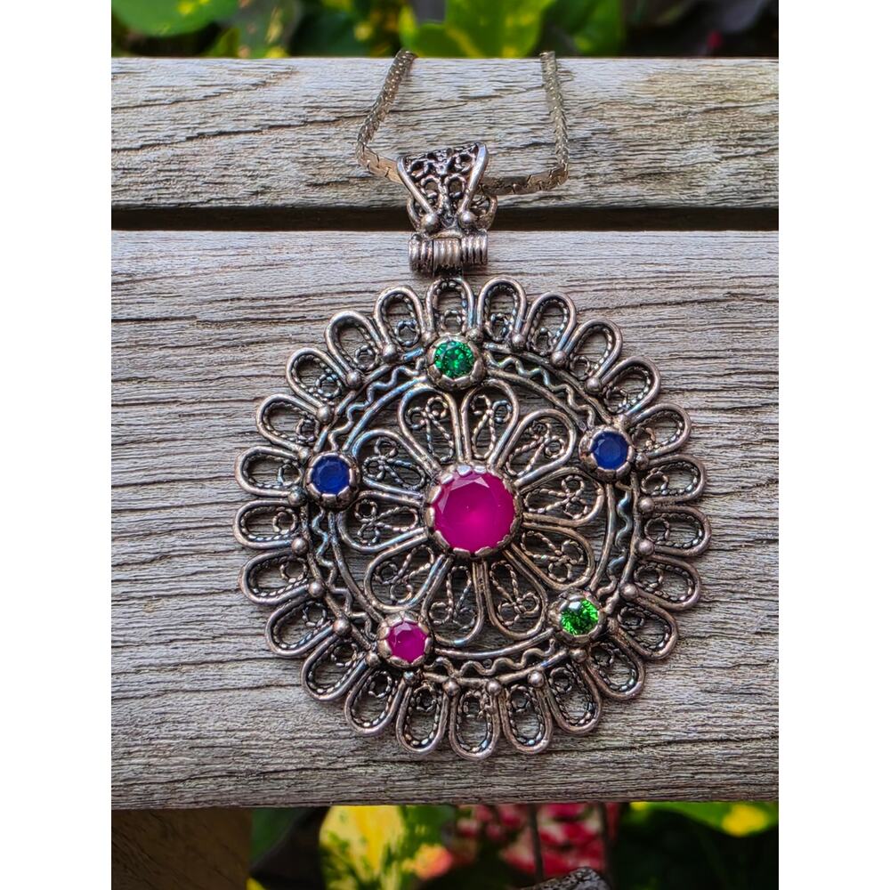 Vintage Sterling Silver Filagree Multi Gemstone Ruby Pendant Necklace, 24" Chain